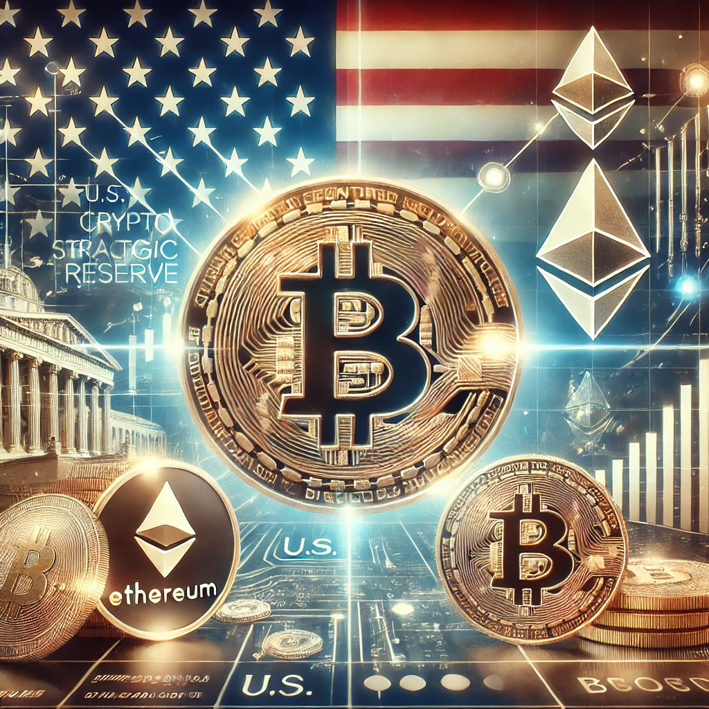 Bitcoin, Ethereum, and blockchain technology symbols against the backdrop of the U.S. flag, representing the U.S. Crypto Strategic Reserve.