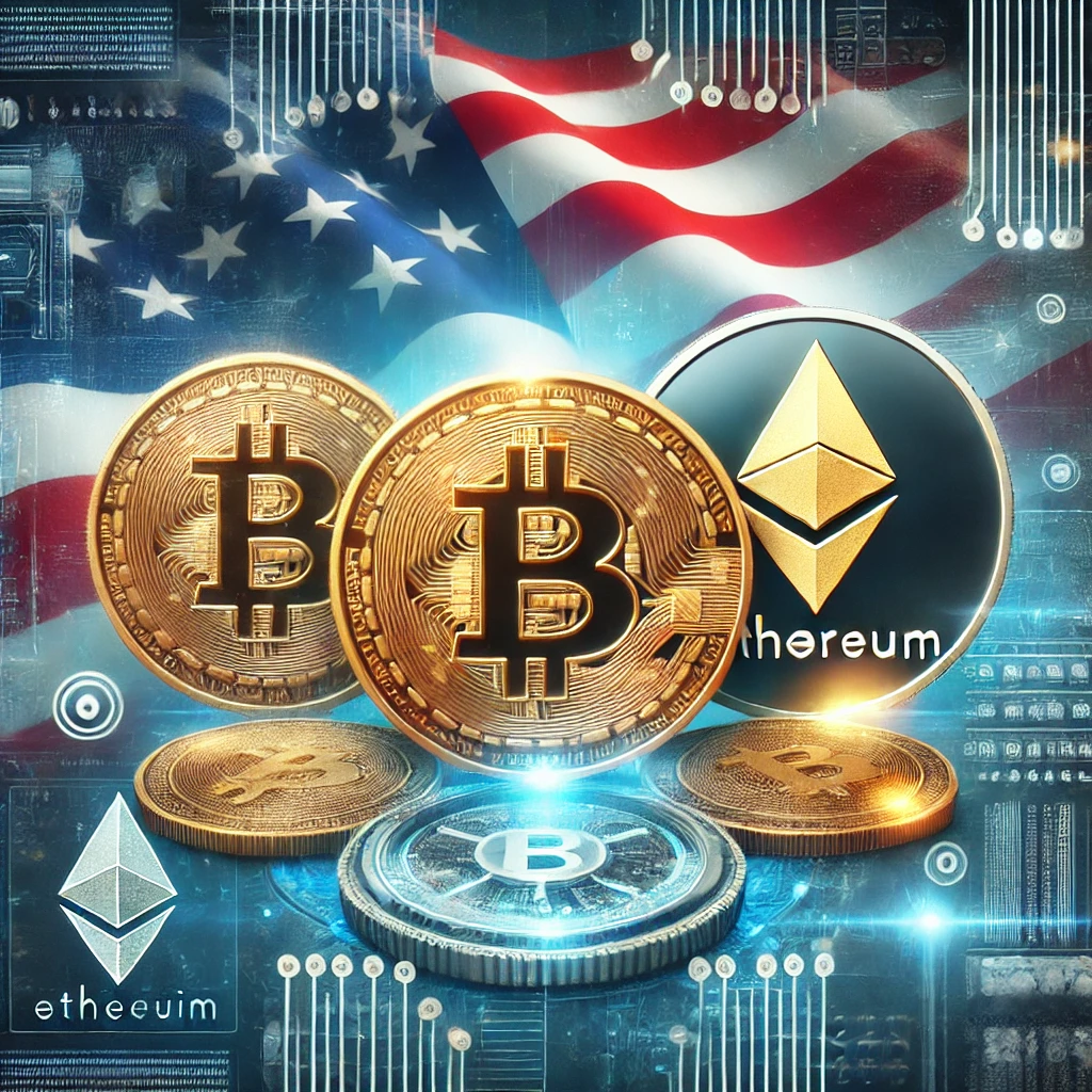 The U.S. flag with Bitcoin, Ethereum, and digital coins symbolizing a crypto reserve, representing the intersection of government and cryptocurrency