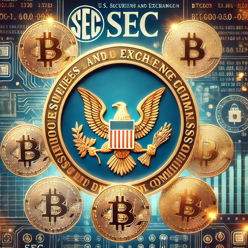 SEC logo surrounded by Bitcoin and cryptocurrency symbols, representing the intersection of government regulation and cryptocurrency