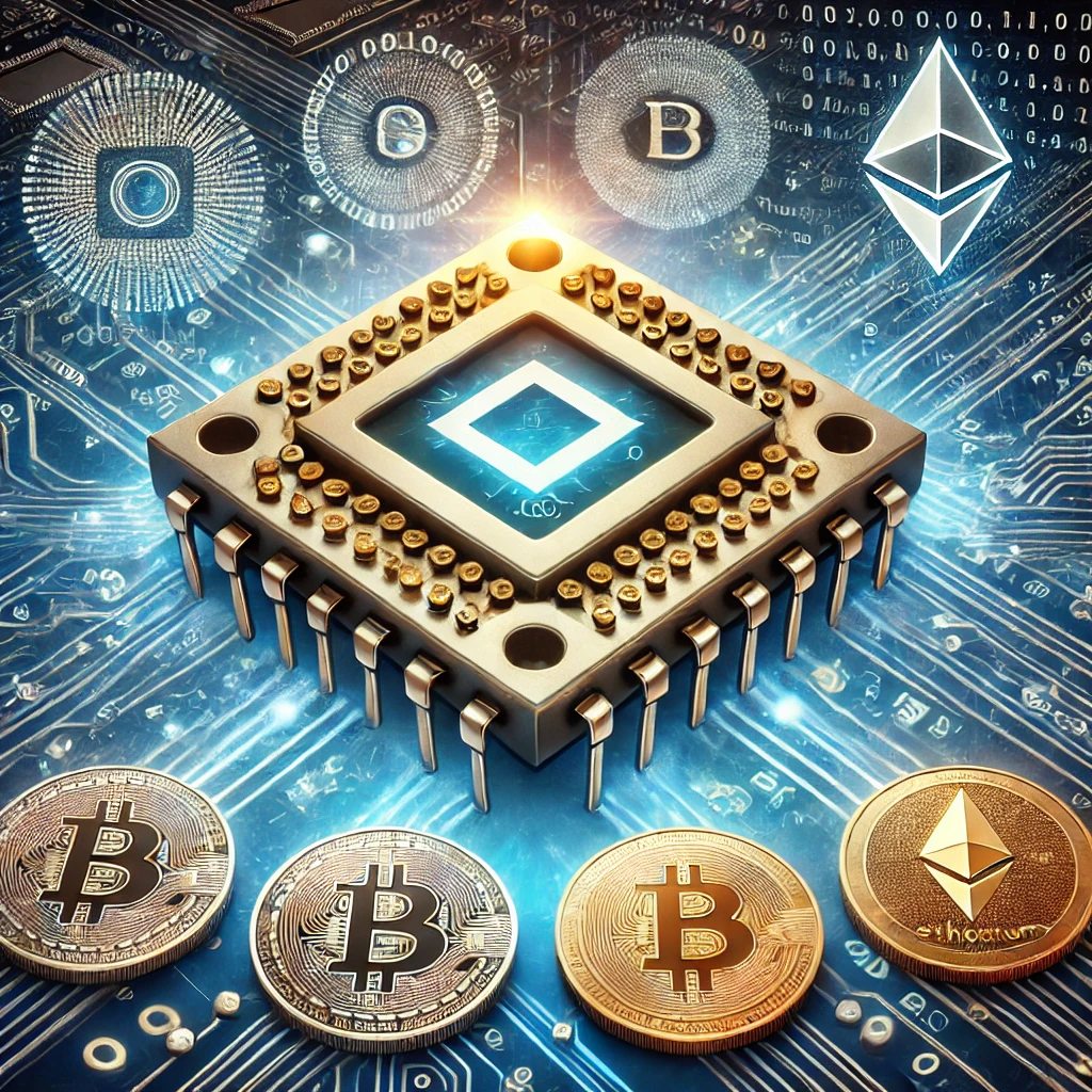 A quantum chip surrounded by Bitcoin and Ethereum symbols, representing the intersection of quantum computing and cryptocurrency security.