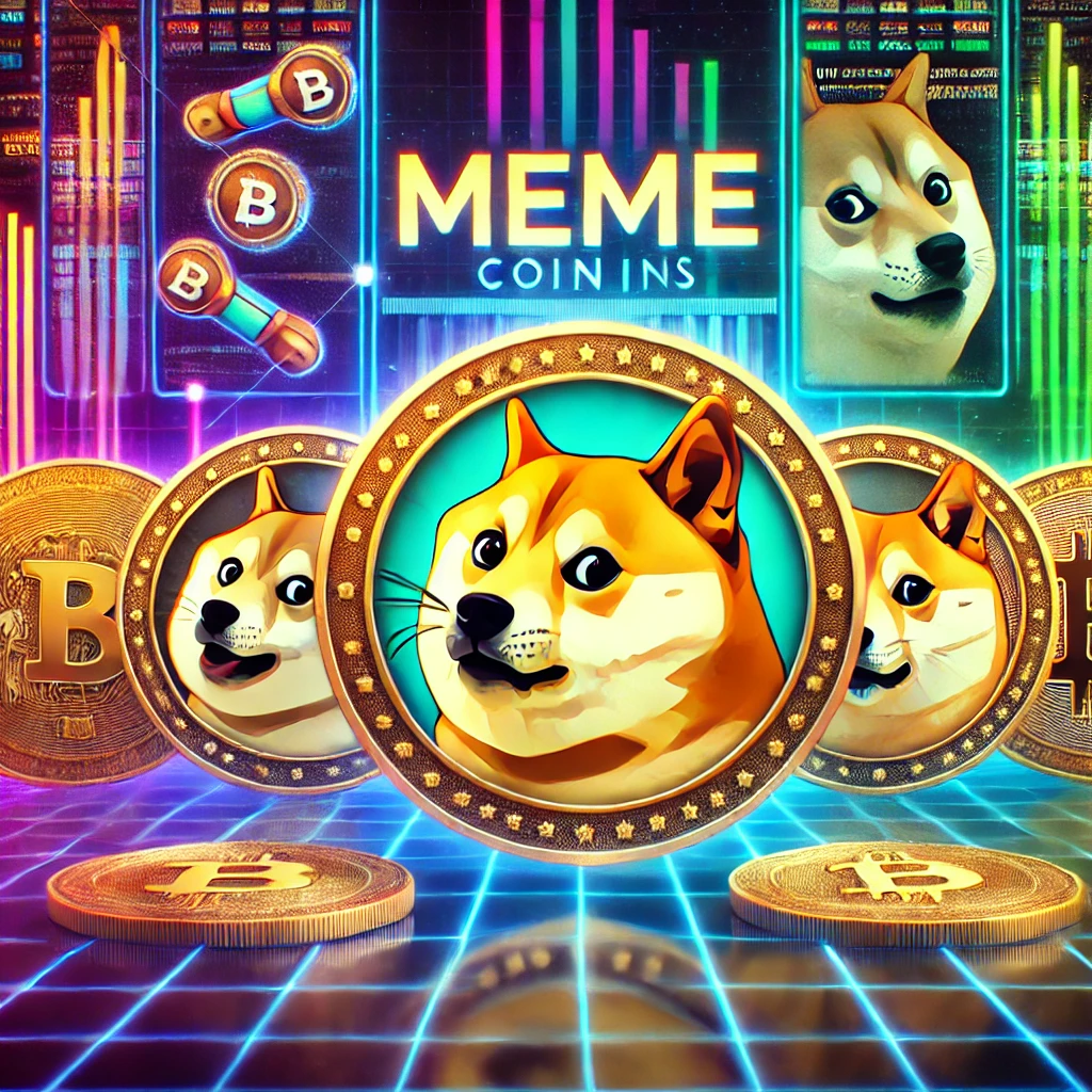 Meme coins like Dogecoin and Shiba Inu, with a digital, vibrant background, representing the hottest trend in crypto.