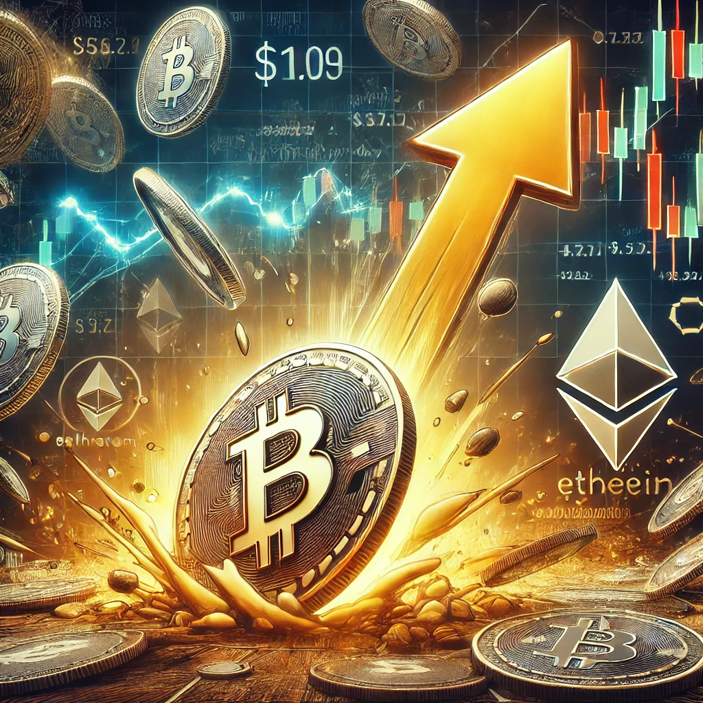 A representation of a cryptocurrency pump-and-dump scheme with Bitcoin and Ethereum symbols, showing a rapid rise and fall of a token